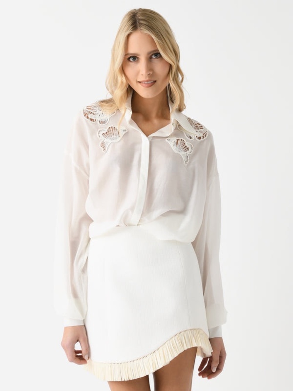 Clea Ainsley Embroidered-Collar Sheer Button-Down Blouse